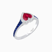 Art Deco Inspired Bezel-Set Heart Halo Ring with Calibré Gemstone Shoulders - Shahin Jewelry